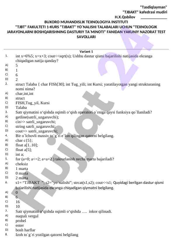 Texnologik jarayonlarni boshqarish test savollari