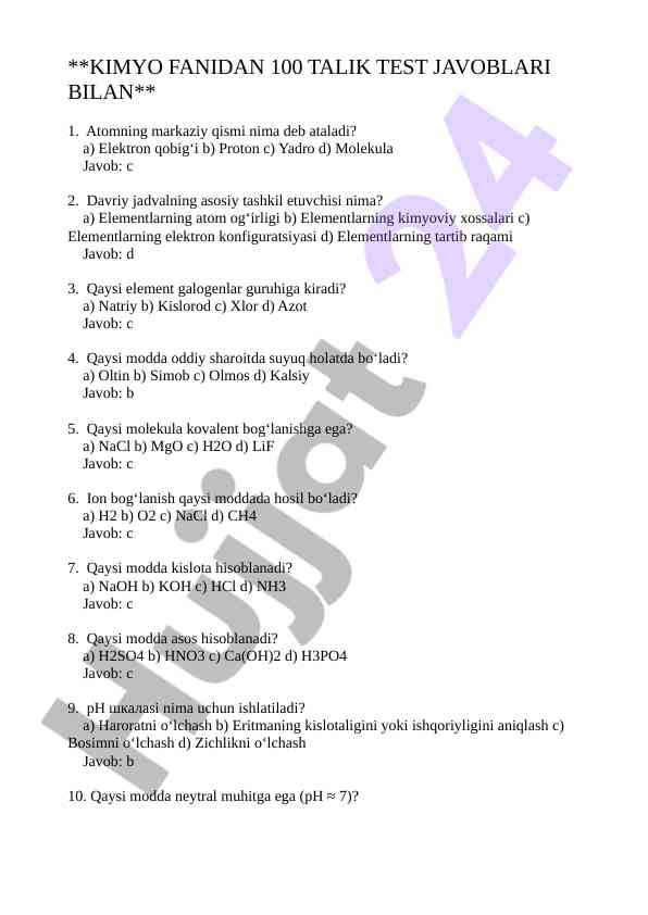 Kimyo fanidan 100 talik test javoblari bilan