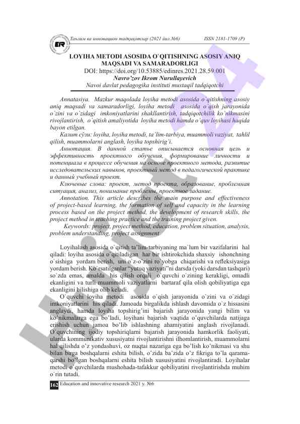 Loyiha metodi asosida o`qitishning maqsadi va samaradorligi