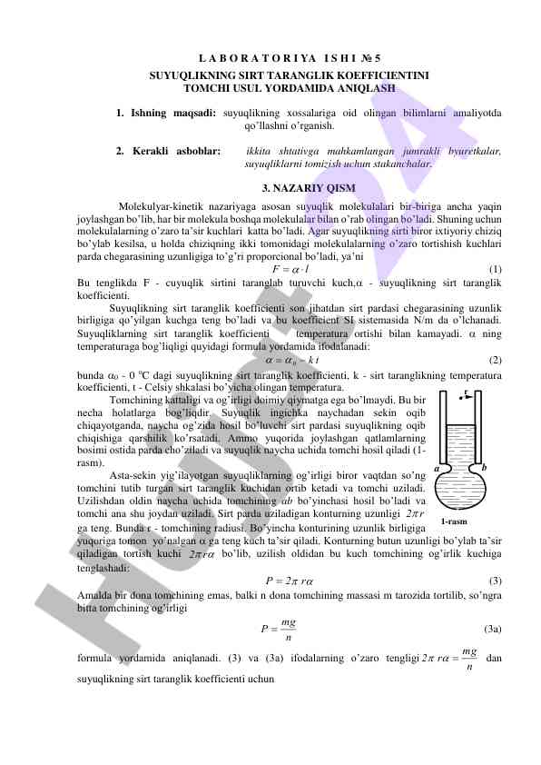 Suyuqlikning sirt taranglik koeficientsini aniqlash