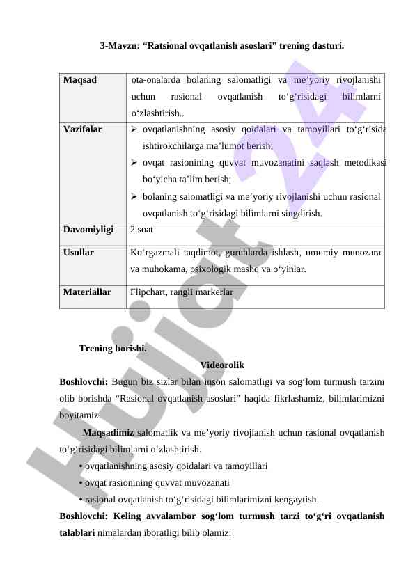 Ratsional ovqatlanish asoslari trening dasturi