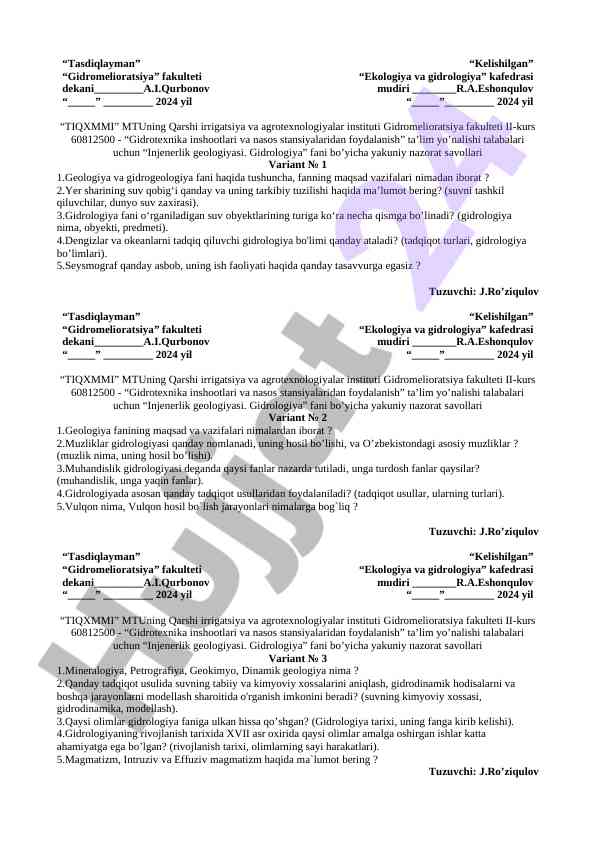 Injenerlik geologiyasi gidrologiya yakuniy nazorat savollari
