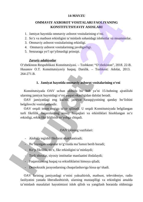 Ommaviy axborot vositalari faoliyatining konstitutsiyavi