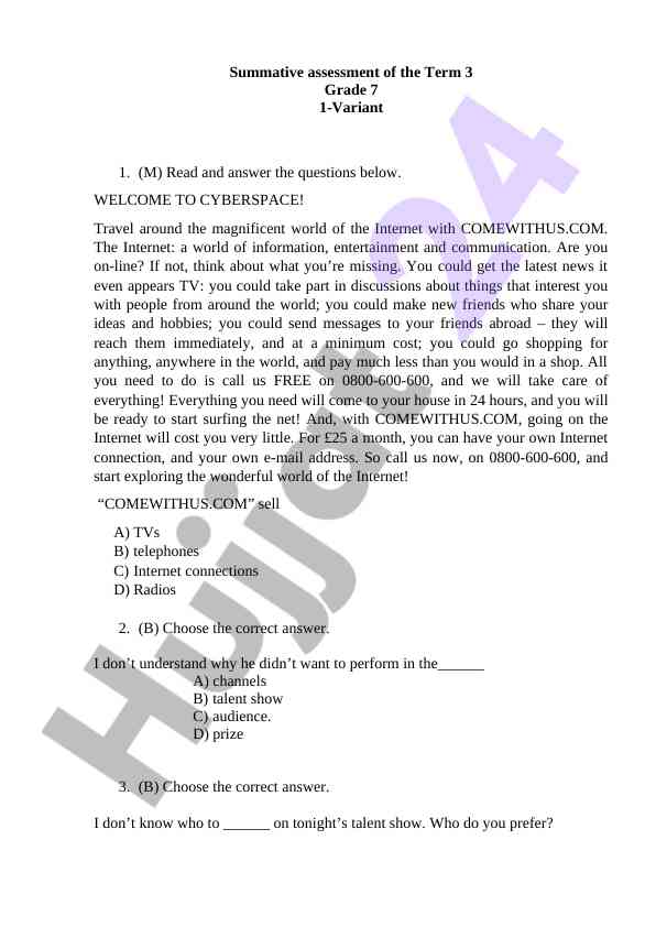 Summative assessment for grade 7 term 3