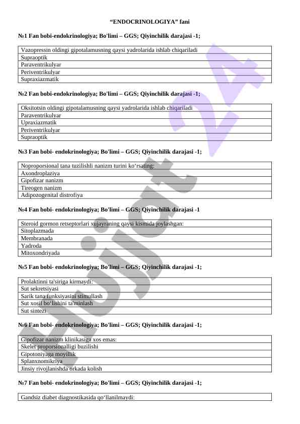 Endokrinologiya fanining dars ishlanmalari