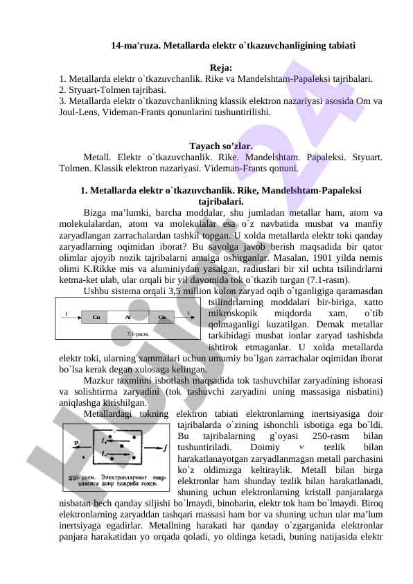 Metallarda elektr o'tkazuvchanligining tabiati