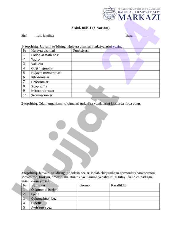 8-sinf biologiya kursi topsirig‘i