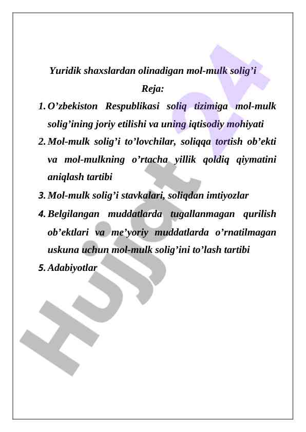 Mol-mulk solig'ining iqtisodiy mohiyati o'zbekistonda