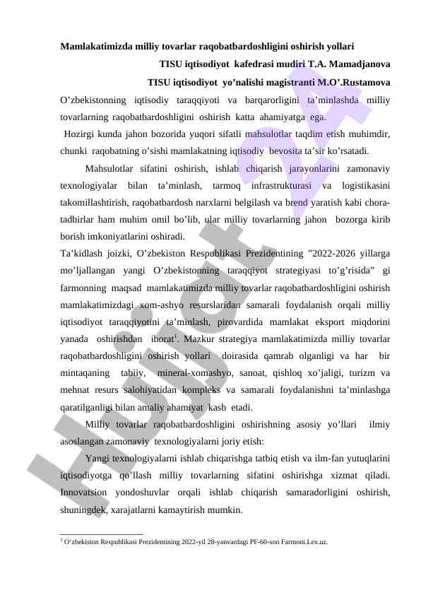 Milliy tovarlar raqobatbardoshligini oshirish yo'llari