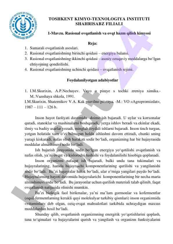 Rasional ovqatlanish va ovqt hazm qilish kimyosi