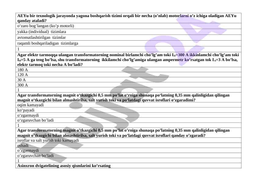 Transformator tizimlari bo'yicha test qo'llanmasi