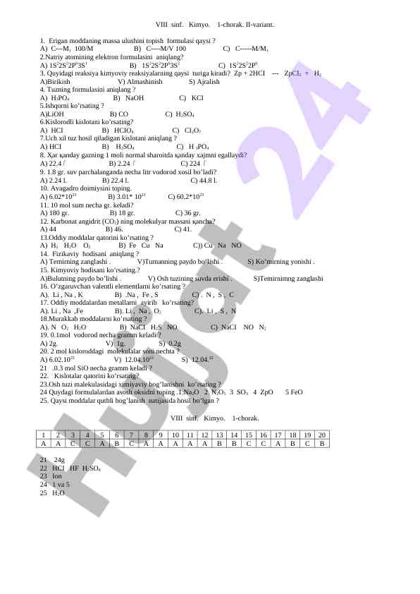 Kimyo viii sinf 1-chorak test variant ii