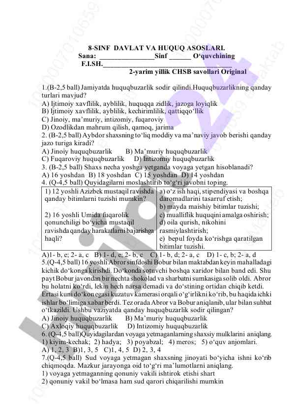 8-sinf davlat va huquq asoslari imtihon savollari