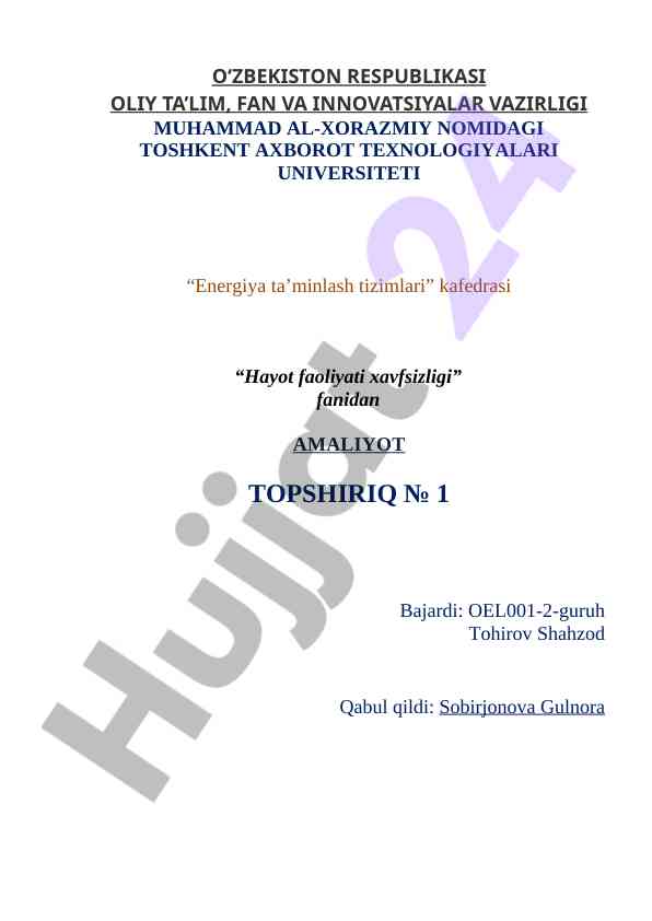 Energiya ta’minlash tizimlari amaliyot topshiriqi