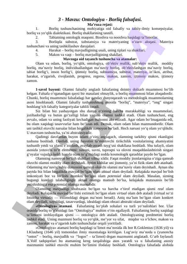Ontologiya va borliq falsafasi asoslari