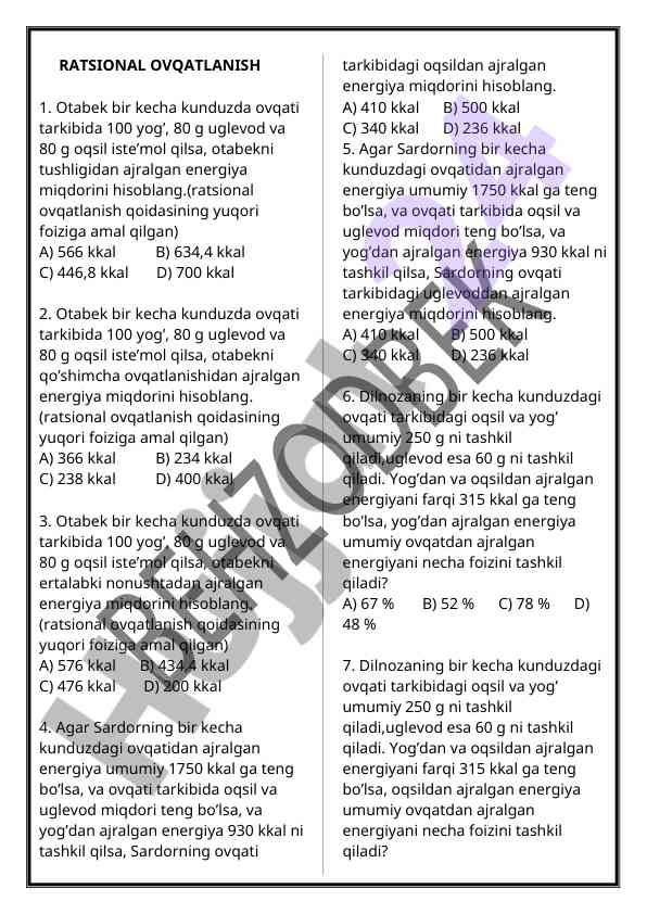 Ratsional ovqatlanish energiya miqdori testi
