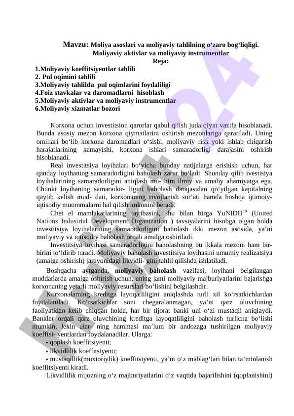 Moliya asoslari va moliyaviy tahlilning o‘zaro bog‘liqligi