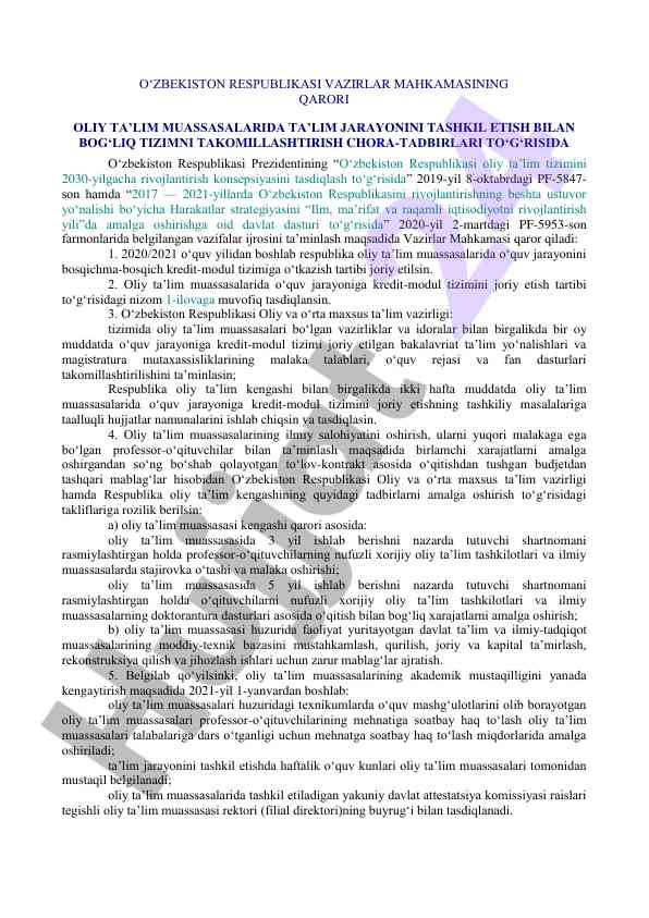 Oliy ta'lim tizimini takomillashtirish chora-tadbirlari