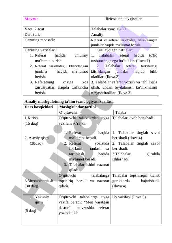 Referat tarkibiy qismlari ma'lumotlari