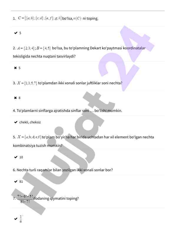 Matematika testlari bo'yicha savollar