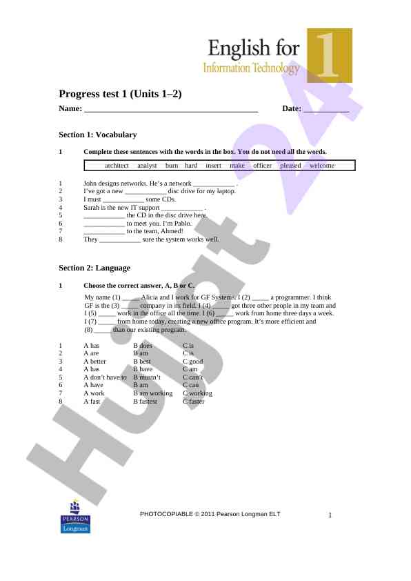 Progress test 1 (units 1–2) vocabulary va language