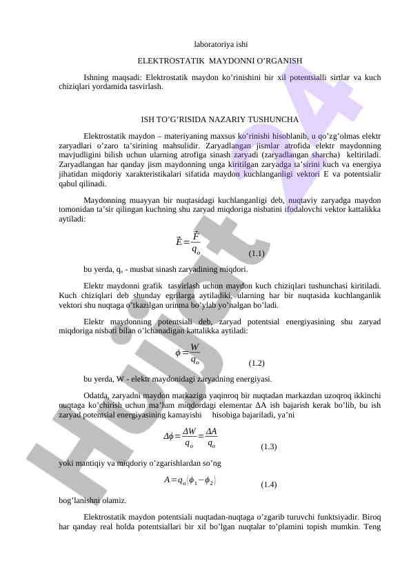 Elektrostatik maydonni o'rganuvchi laboratoriya ishlari