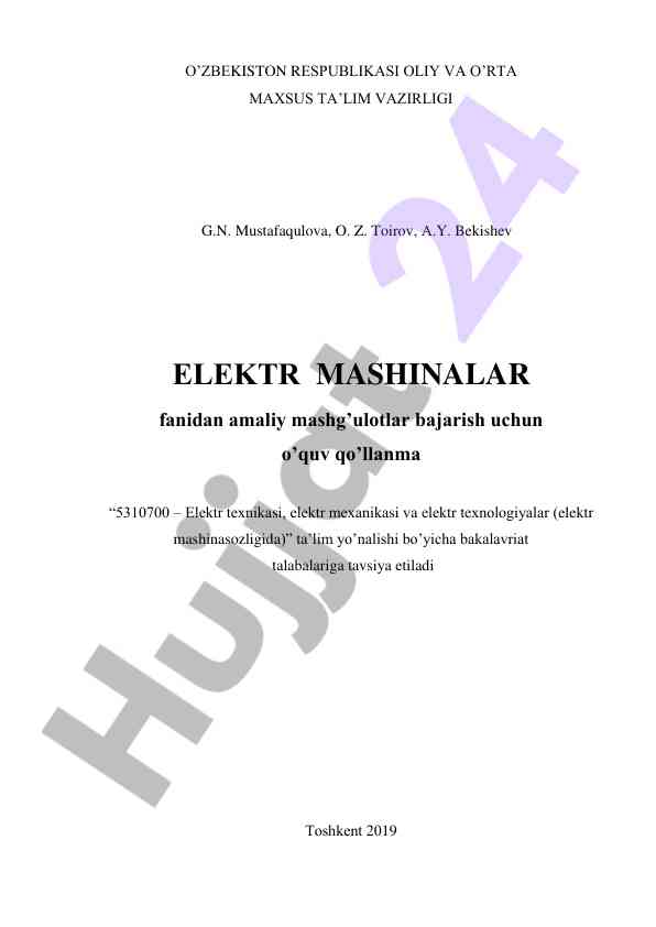 Elektr mashinalar fanidan amaliy mashg‘ulotlar qo‘llanma