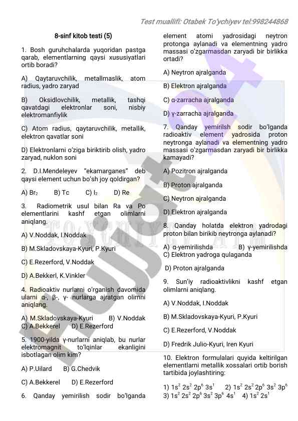 8-sinf kimyo kitob testi savollari va javoblari