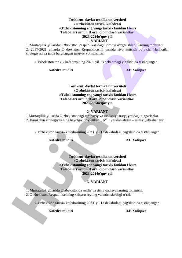 O'zbekistonning eng yangi tarixi bo'yicha baholash