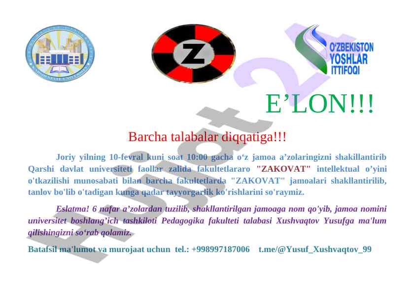Zakovat intellektual o'yini uchun jamoalar shakllanishi