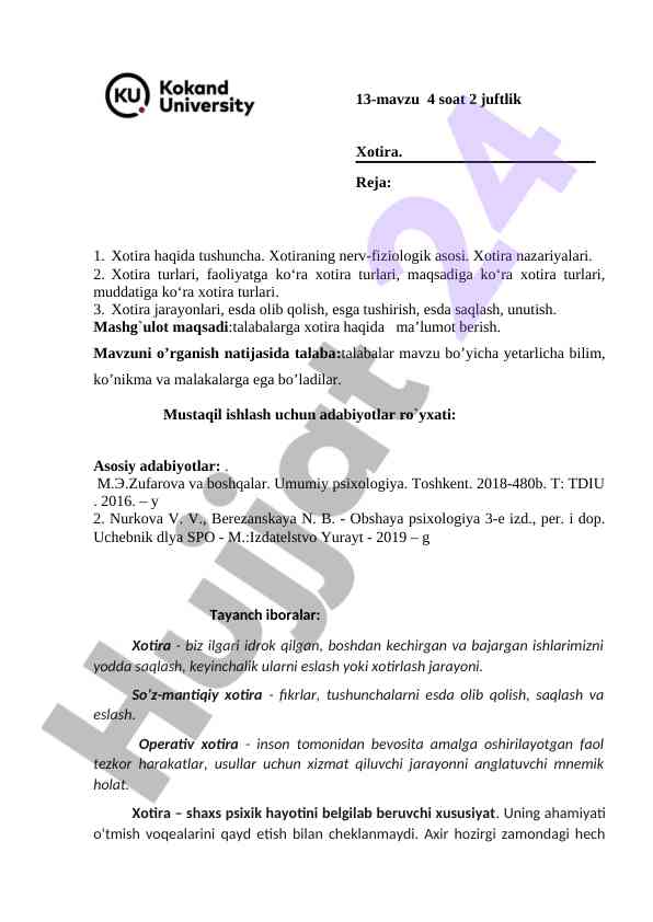 Xotira haqida tushuncha va nazariyalar
