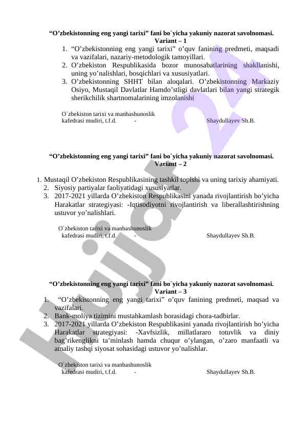 O‘zbekistonning eng yangi tarixi bo‘yicha nazorat savolnomasi