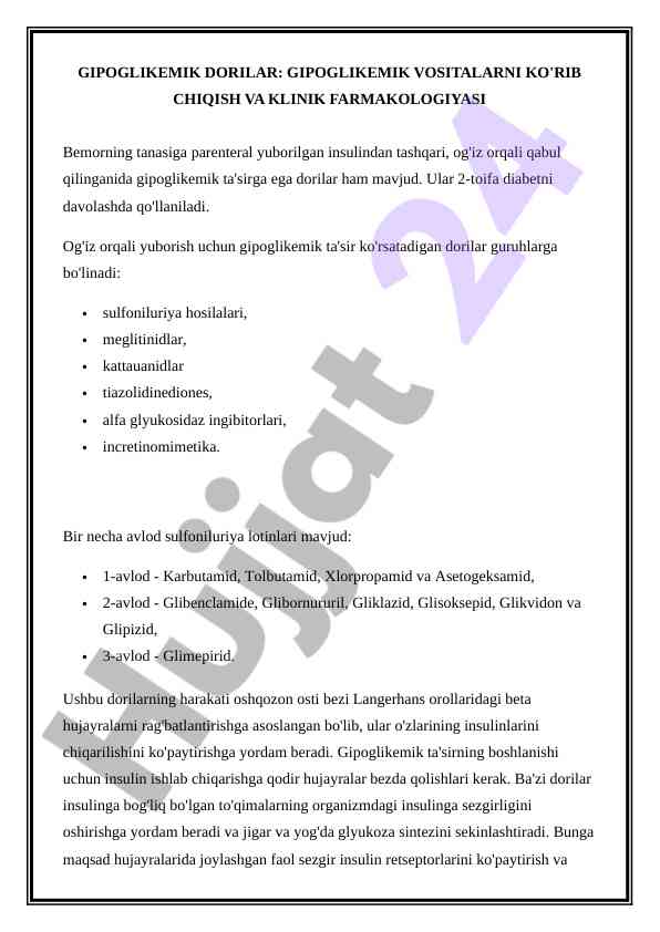 Gipoglikemik dorilarning klinik farmakologiyasi