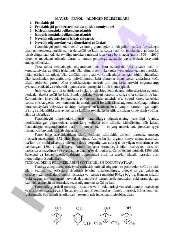 Fenol – aldegid polimerlari sintezi qonuniyatlari