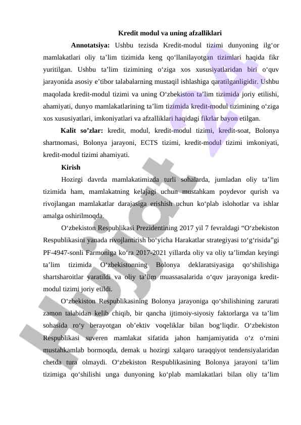 Kredit Modul Tizimi Va Uning Afzalliklari