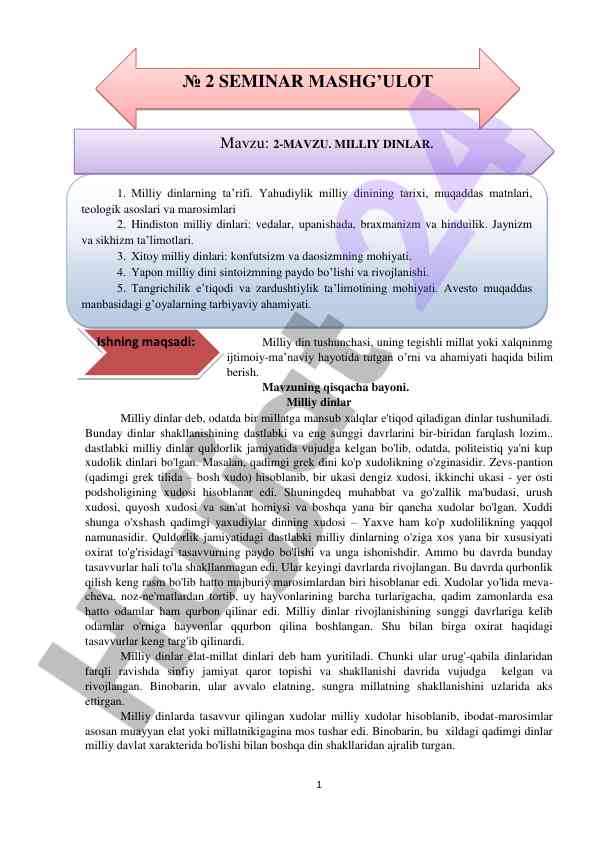 Milliy dinlarning ijtimoiy-ma’naviy ahmiyati