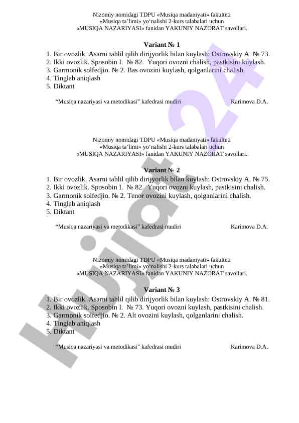Musiqa nazariyasi fani yakuniy nazorat savollari
