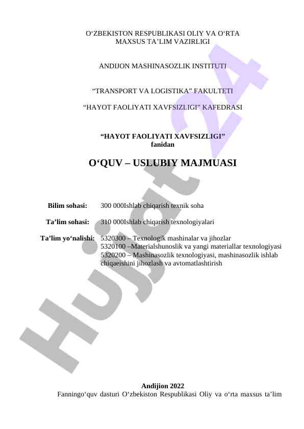 Hayot faoliyati xavfsizligi o‘quv uslubiy majmuasi