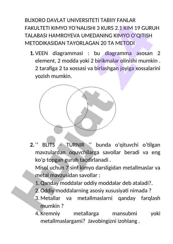 Kimyo o'qitish metodikasidan tayyorlangan metodlar