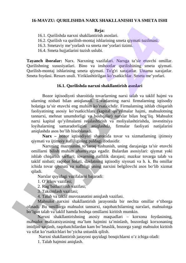 Qurilishda narx shakllanishi va smeta mavzusi