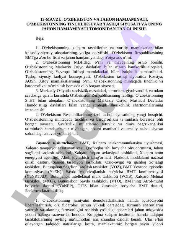 O‘zbekiston va jahon hamjamiyati tashqi siyosati