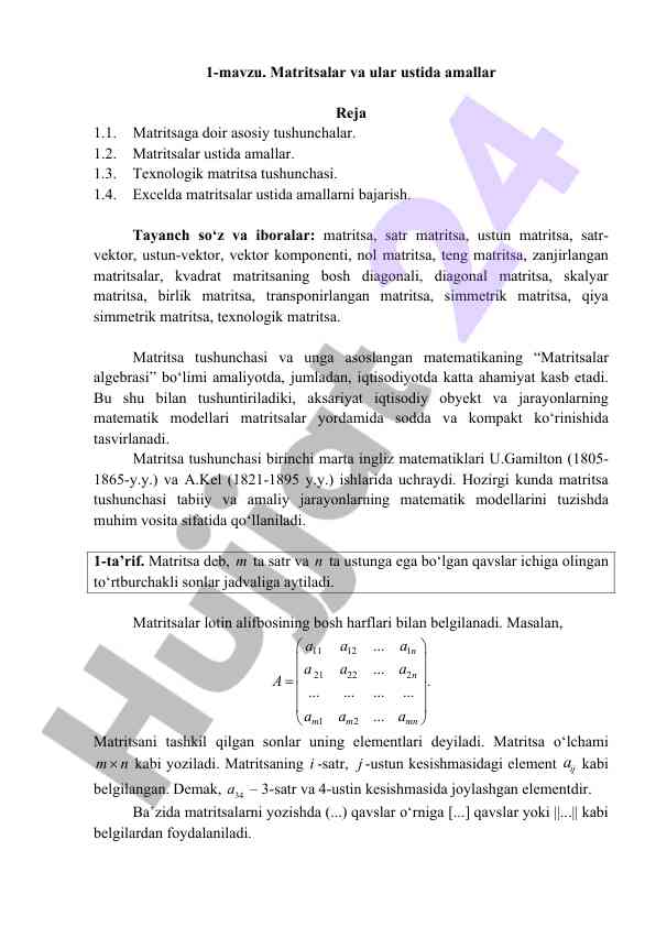 Matritsalar va ular ustida amallar bo‘yicha qo‘llanma