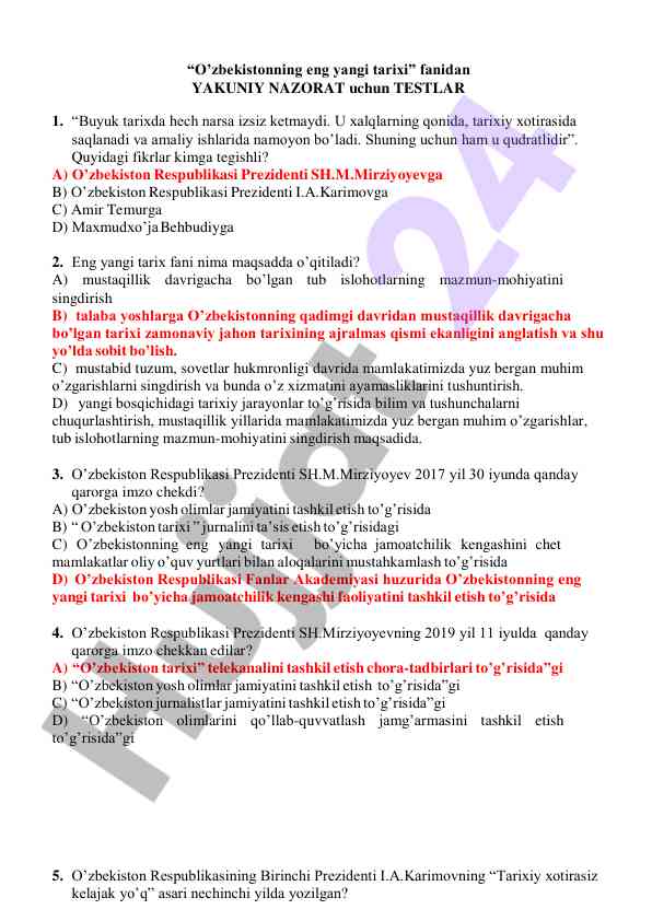 O'zbekistonning eng yangi tarixidan testlar