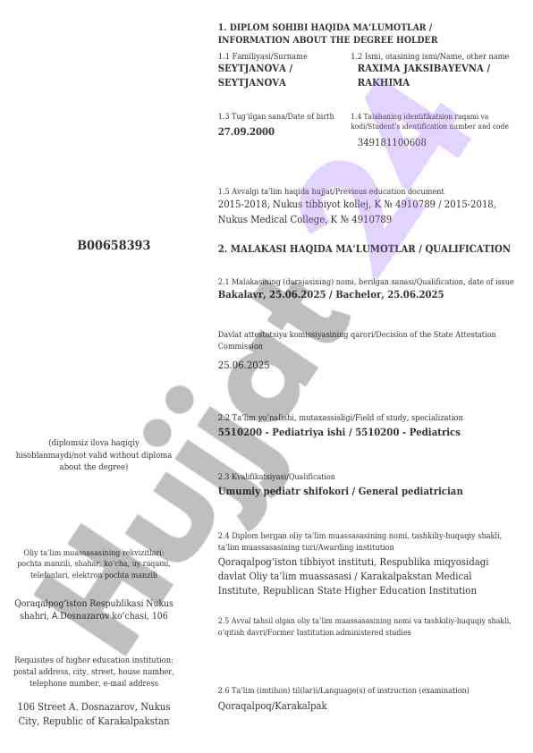 Haqiqiy diploma hujjatlari ma'lumotlari