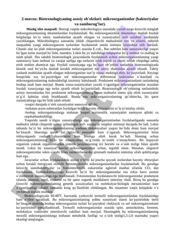 Mikroorganizmlar va ularning biotexnologiyadagi o‘rni