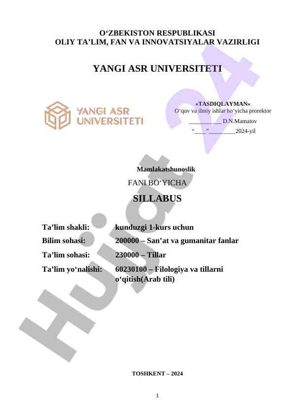 Mamlakatshunoslik fani bo‘yicha sillabus 2024