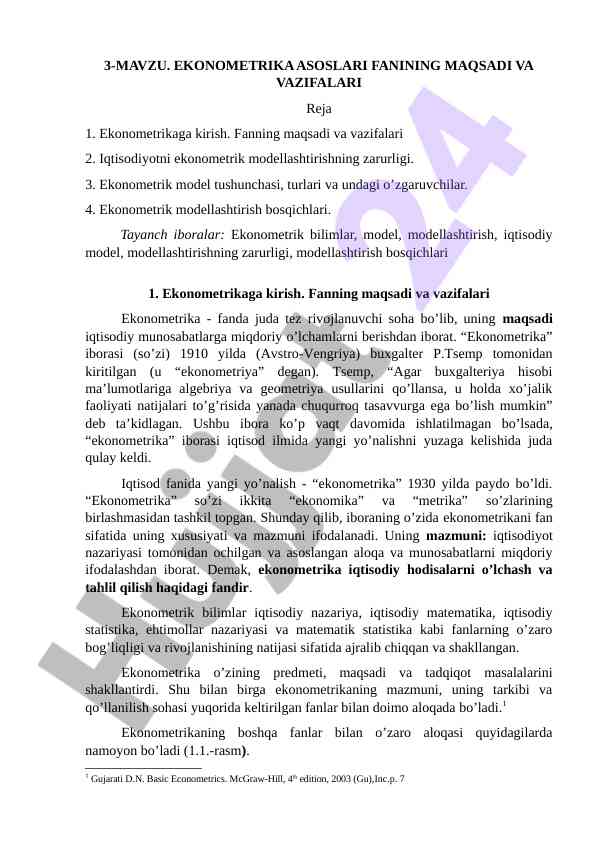 Ekonometriya Asoslari Fanining Maqsadi Va Vazifalari