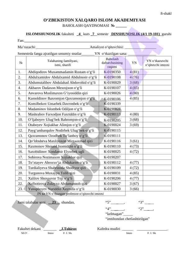 Baholash qaydnomasi o‘quv yili 2023