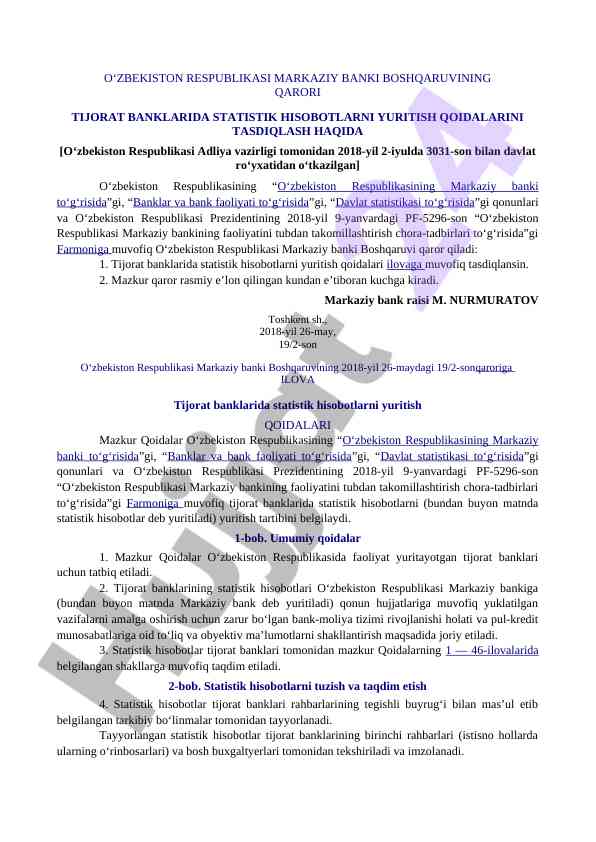 Tijorat banklarida statistik hisobotlarni yuritish qoidalari