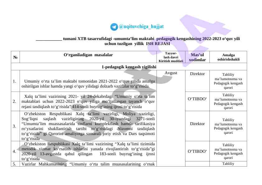 Yillik ish rejasi umumta'lim maktabi 2022-2023
